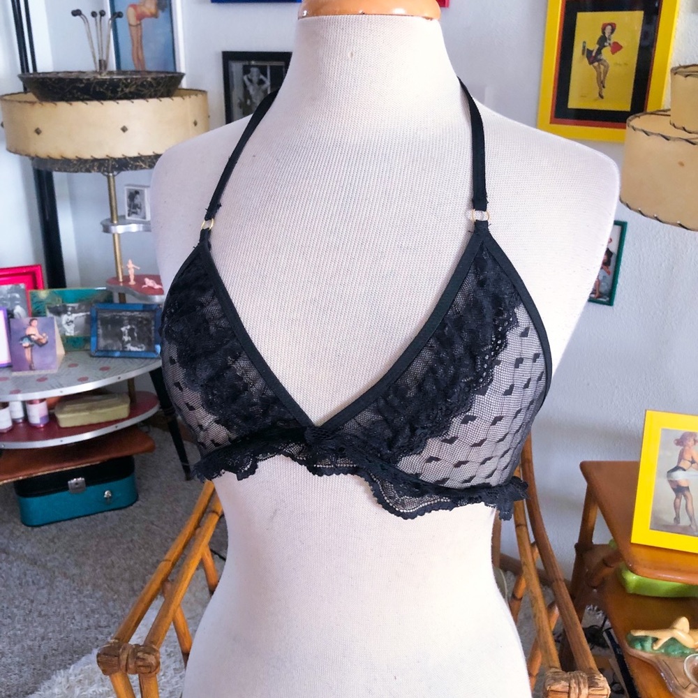 SOLD Retro Lingerie Lot 3 Pc Black Bra Panty Strap Mesh Fetish Burlesque PinUp - Picture 9 of 12